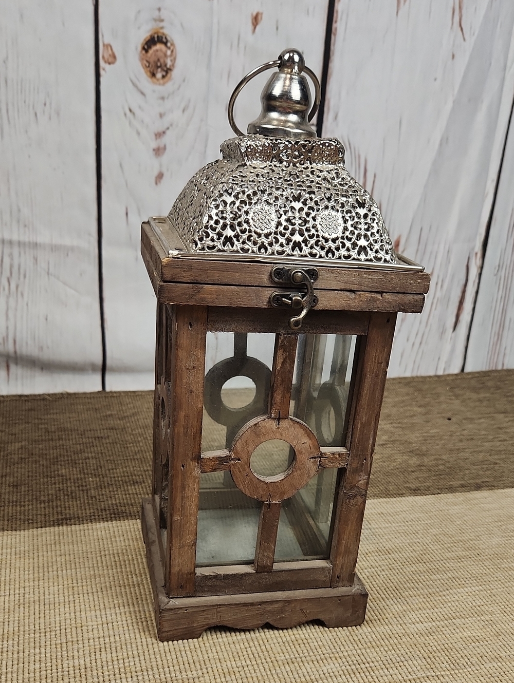 Morrocan Style Rustic Wooden Metal Lantern 14 Inches